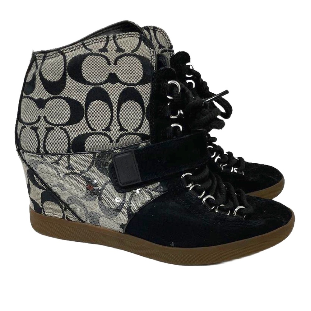 Coach Women's Black Gray Signature Print Wedged Heeled Ankle Boots Size 9.5